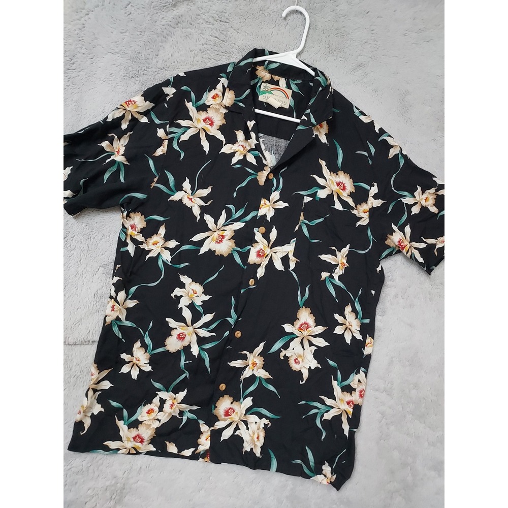 Paradise Found Shirt Men Large Hawaiian Orchid Floral Print Black Magnum PI 90s